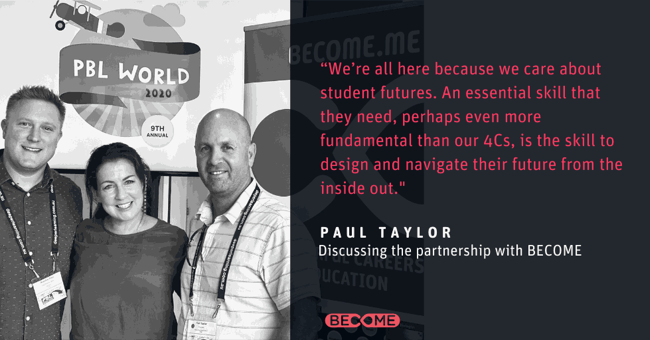 Three people in front of a stand that says PBL World and BECOME.Me