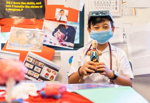 At a Flipped Career Expo a primary student explains what they have found out about being a Doctor