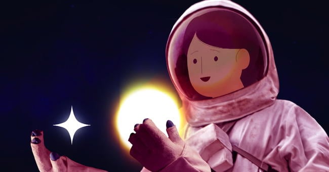 Animation of an astonaut looking at two stars hovering above her hands