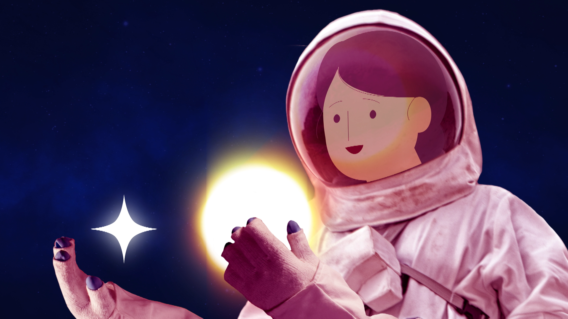 Animated graphic of an astronaut looking at two stars that are floating above her hands. She is smiling.