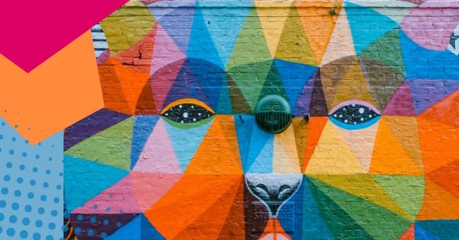 A bright colourful graffiti mosaic of a bear's face. The mood is thoughful, energetic and confident.