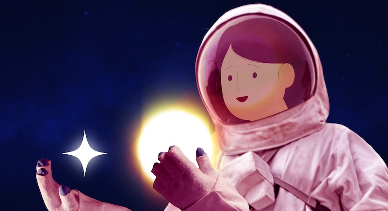 Animated graphic of an astronaut looking at two stars in her hand
